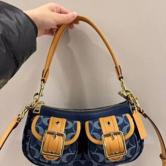 COACH Ashton Baguette Bag In Signature Canvas Denim/Brown CY700 - Picture 1 of 6